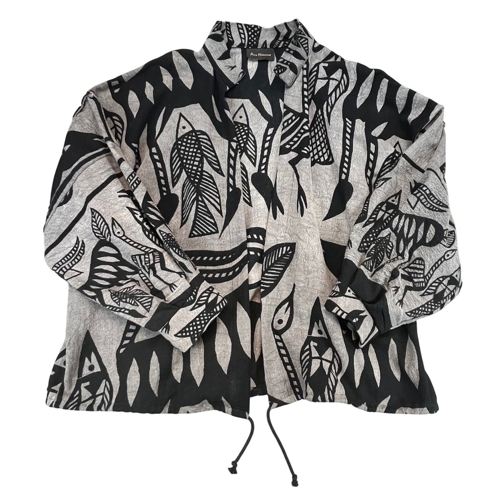 Ann Maurice Womens Jacket Black Grey Lagenlook Tribal Print Boho Eclectic OS